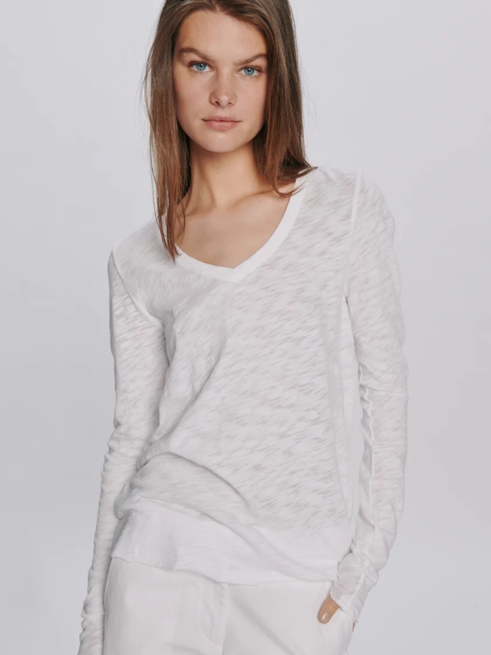 ATM Anthony Thomas Melillo White Slub V-Neck Long Sleeve Top